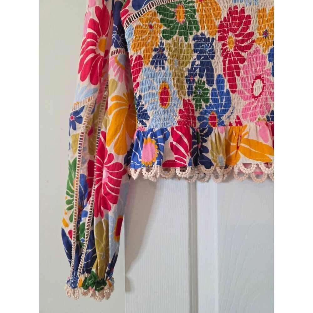 FARM Rio Sunny Daisies Smocked Cotton Peplum Blouse S - Picture 5 of 13
